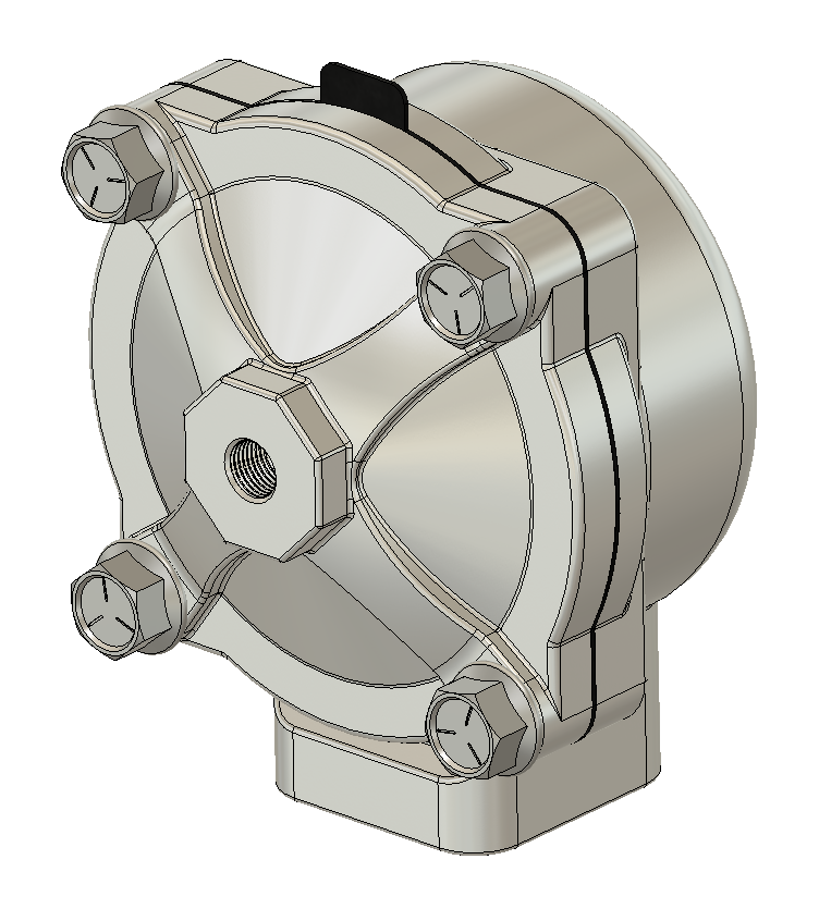 GOYEN RCAC25T4002隔膜阀的3D模型。该阀本身是一个空气脉冲控制阀，用于瞬间喷射空气。阀门有1英寸NPT入口和出口，以及用于脉冲控制的1-8英寸NPT端口